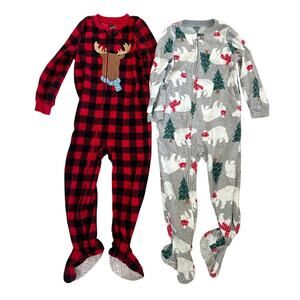 Lot Of 2 Carter’s Zip Up Red Plaid Footed Pajamas Pjs Moose Polar Bear 4T